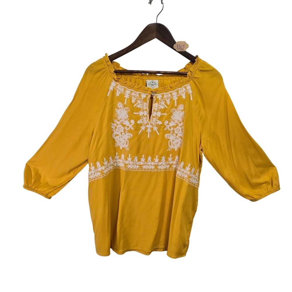 St Johns Bay Mustard Yellow Embroidered Peasant Blouse Top Womens Medium 3/4
